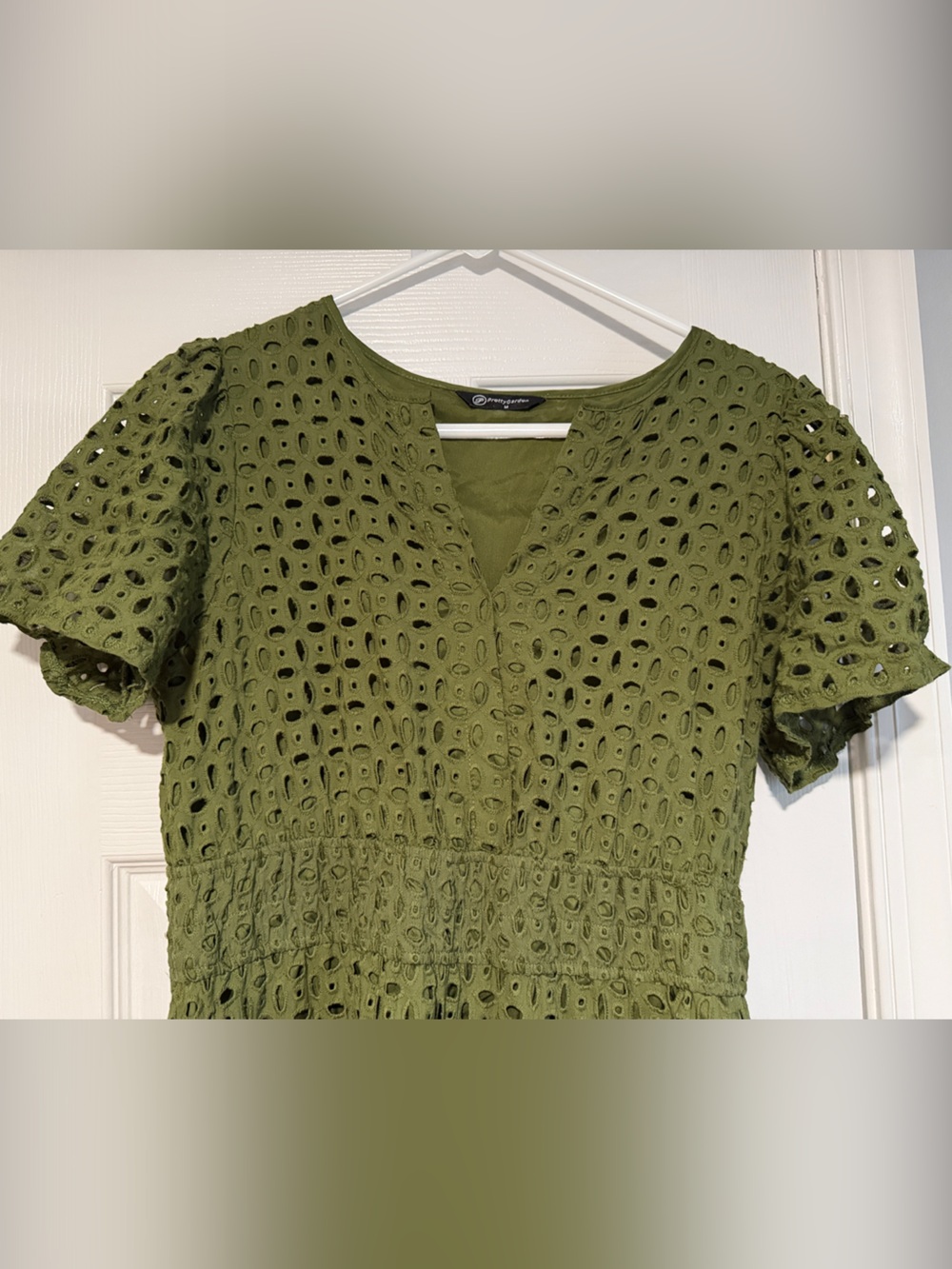 Women's Olive Eyelet Midi Dress with Smocked Waist - Picture 4 of 4